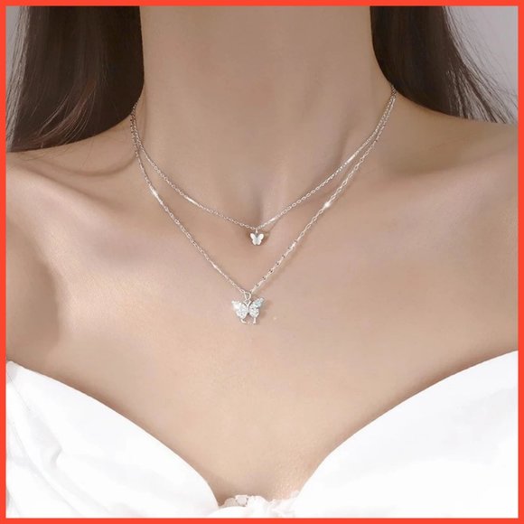 925 Hallmark Silver Butterfly Double Chain Necklace - Picture 4 of 4